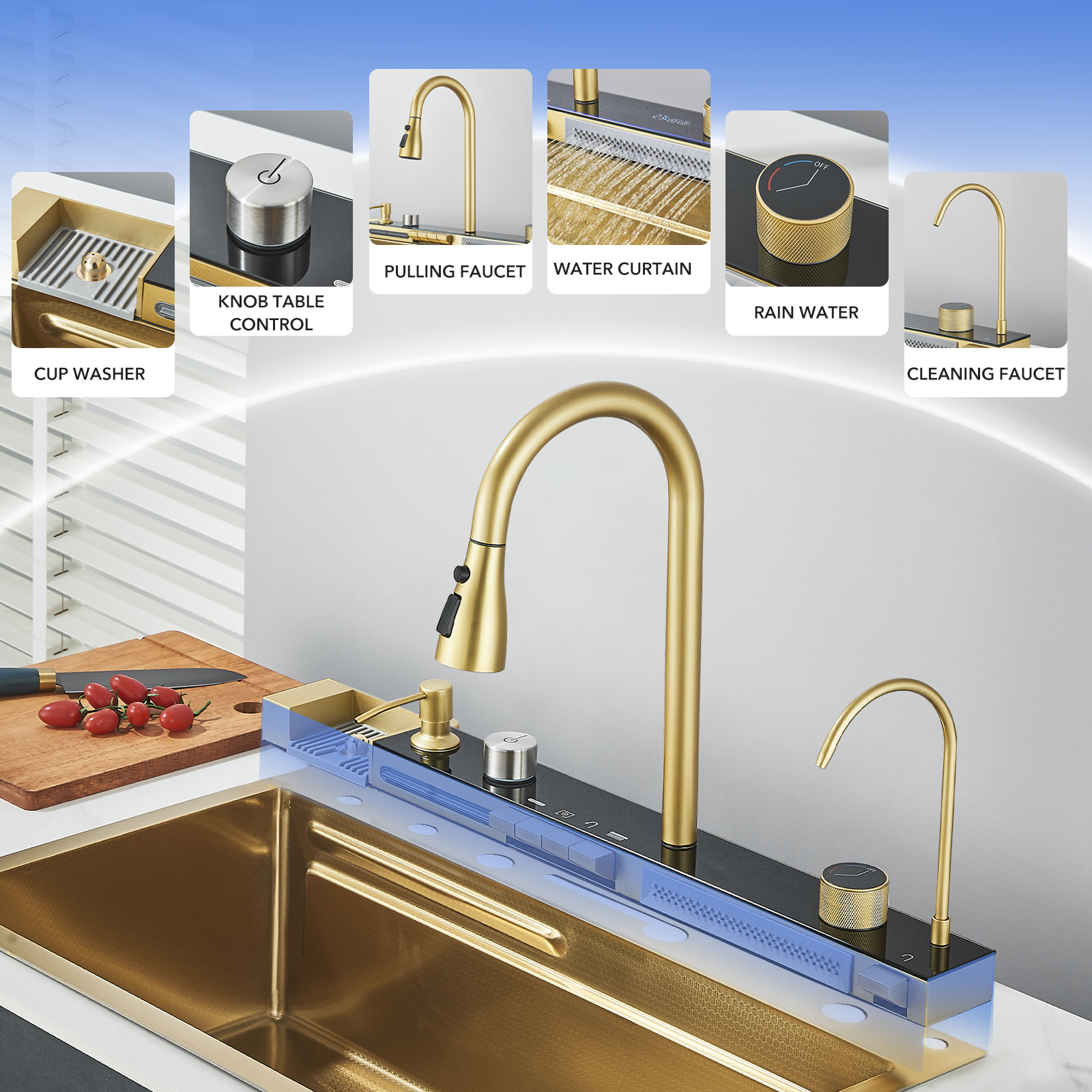 Golden Smart Digital Display Integrated Kitchen Sink Set Temperature Control Waterfall Water Purifier Soap Dispenser Cup Washer