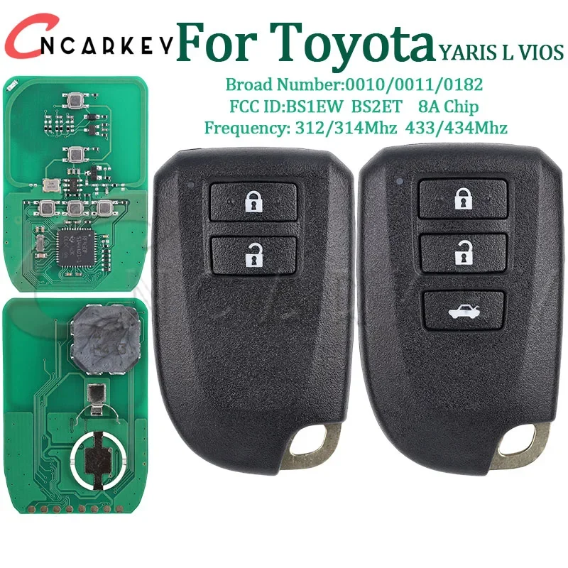 Автомобильный дистанционный брелок для Toyota YARIS L VIOS, 2/3 кнопки 0010 0011 0182 312/314 433/434 МГц 8A Chip P4 39 FCC BS1EW BS2ET Smart Key