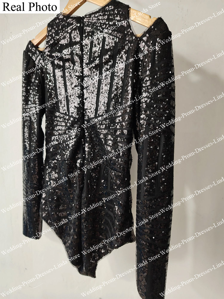Abiti da Cocktail neri corti per le donne tuta paillettes manica lunga sopra il ginocchio sirena Prom Gala Vestidos De laurea 2023 nuovo