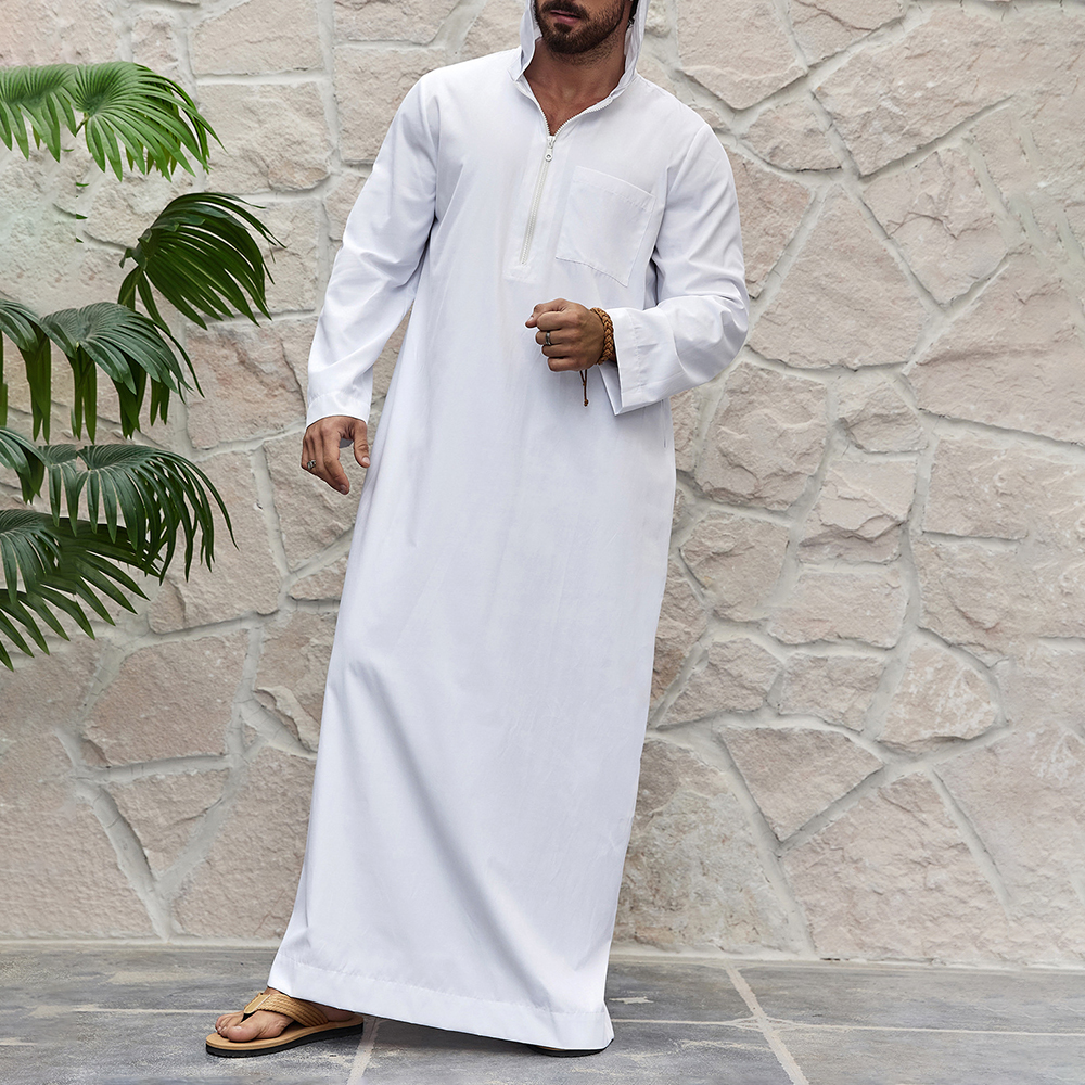 Mens Arab Robe Clothing Large Size Middle East Dubai Turkish Muslim Mens Pocket Solid Color Hat Casual Loose Outer Wear Robe