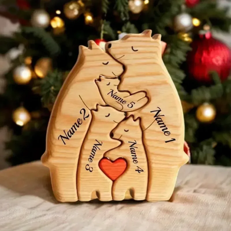 Arte de madeira urso família quebra-cabeça nome personalizado decoração para casa ação de graças natal coraçãowarming presente para bebê mãe