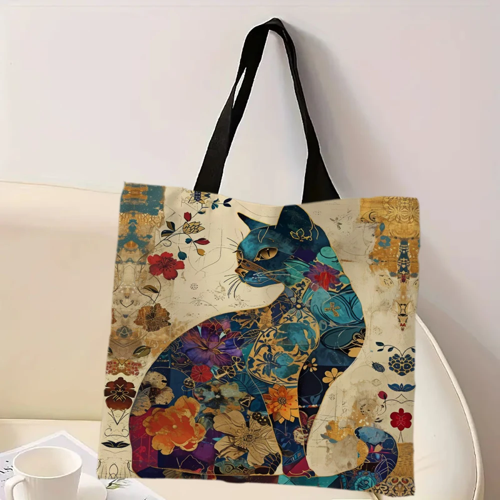 Bolso de mano con diseño floral de gato, bolso de mano decorativo con patrón retro, bolso de hombro de uso informal diario, bolso de compras práctico de gran capacidad