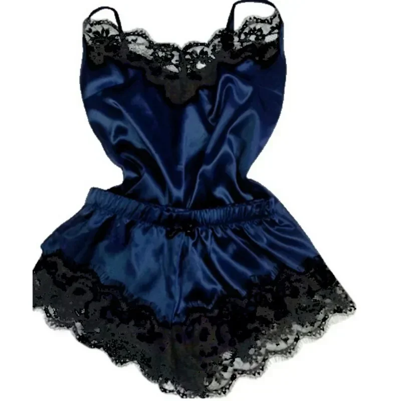 Conjunto de pijama de seda de encaje de verano para mujer, ropa de dormir, lencería Sexy, conjunto de Top y pantalones cortos, Pijamas informales cómodos