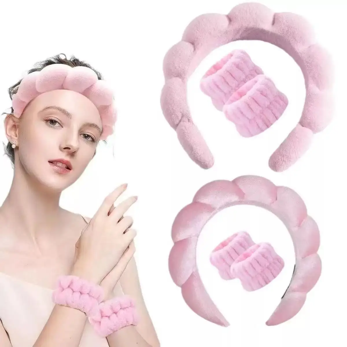 3 Conjunto de faixa de cabeça para lavagem elegante, pulseiras, scrunchies, spa, bolha, para lavar o rosto, maquiagem, chuveiro, cuidados com a pele