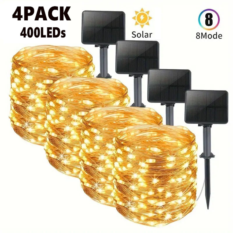 Paquete de 4 guirnaldas de luces solares para exteriores, 400 luces LED para exteriores, 8 modos, cable de cobre IP65, resistente al agua para jardín, patio, fiesta en el patio