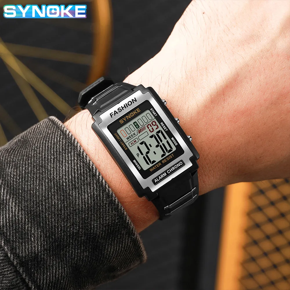 Synoke นาฬิกาสปอร์ตอิเล็กทรอนิกส์ทรงสี่เหลี่ยมสำหรับผู้ชายกันน้ำได้50ม. ไฟกลางคืนหน้าจอใหญ่นาฬิกาปลุกเทรนด์สไตล์ย้อนยุค