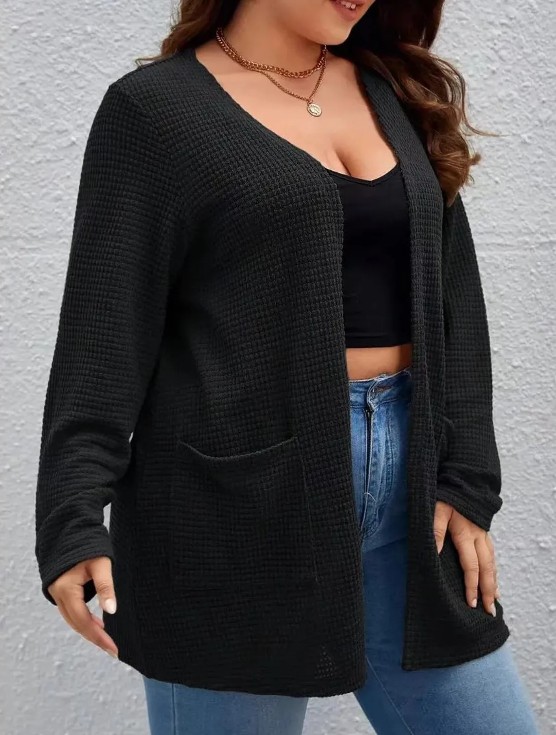 Plus-Size-Cardigan-Mantel in reiner Farbe mit Tasche, lässiges Langarmshirt, geeignet für Frühlings- und Herbstkleidung, Damen-Stoff in Übergröße