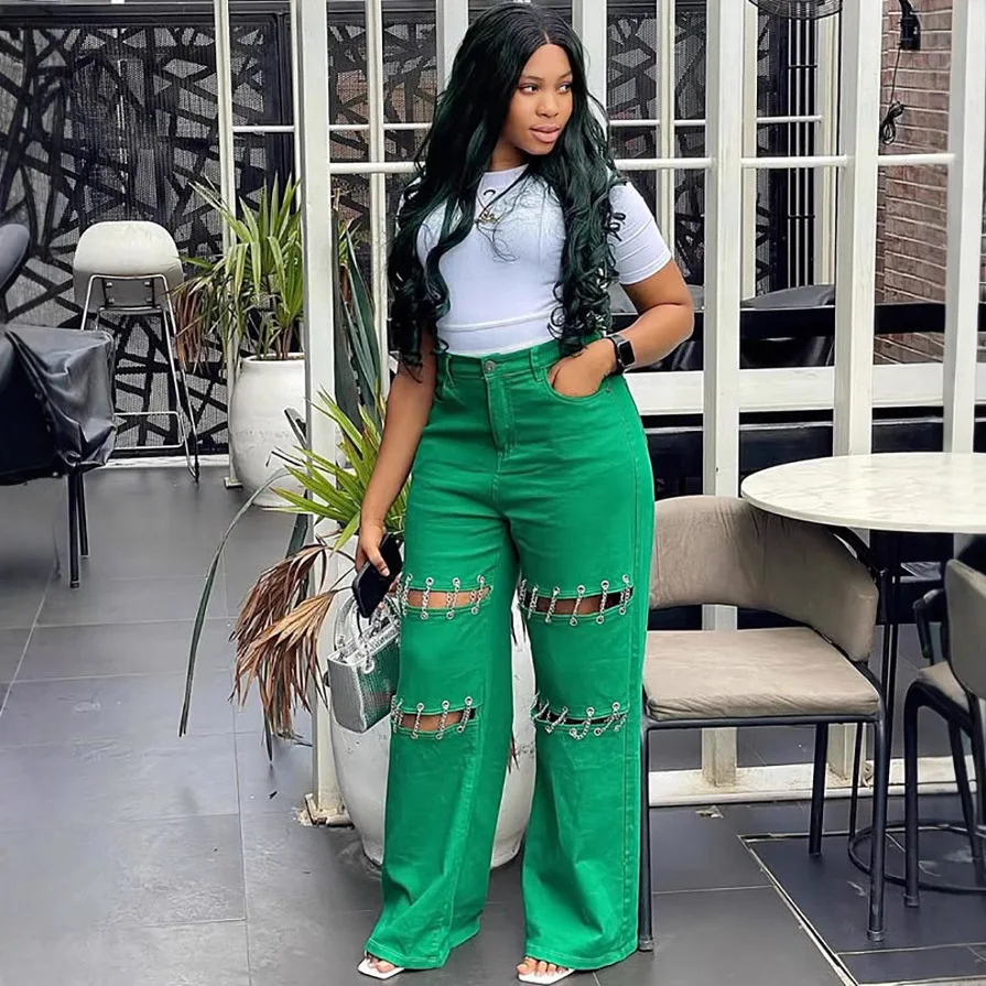 Neue lässige Jeans mit leeren Nagel- und Kettennähten. Damen-Frühlings- und Sommermode, einfarbig, lockere Jeans mit hoher Taille und weitem Bein