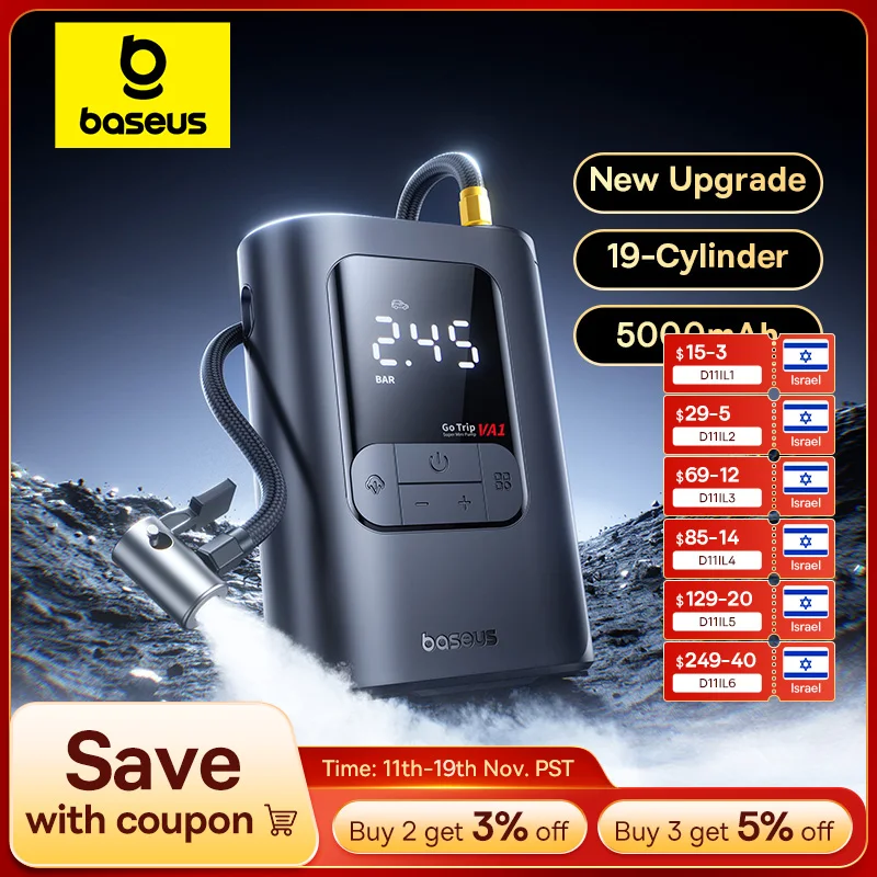 Baseus Wireless Car Air Pump Portable Air Compressor for Car Motorcycles Bicycle Electric Tire Inflator with LCD Digital Display
