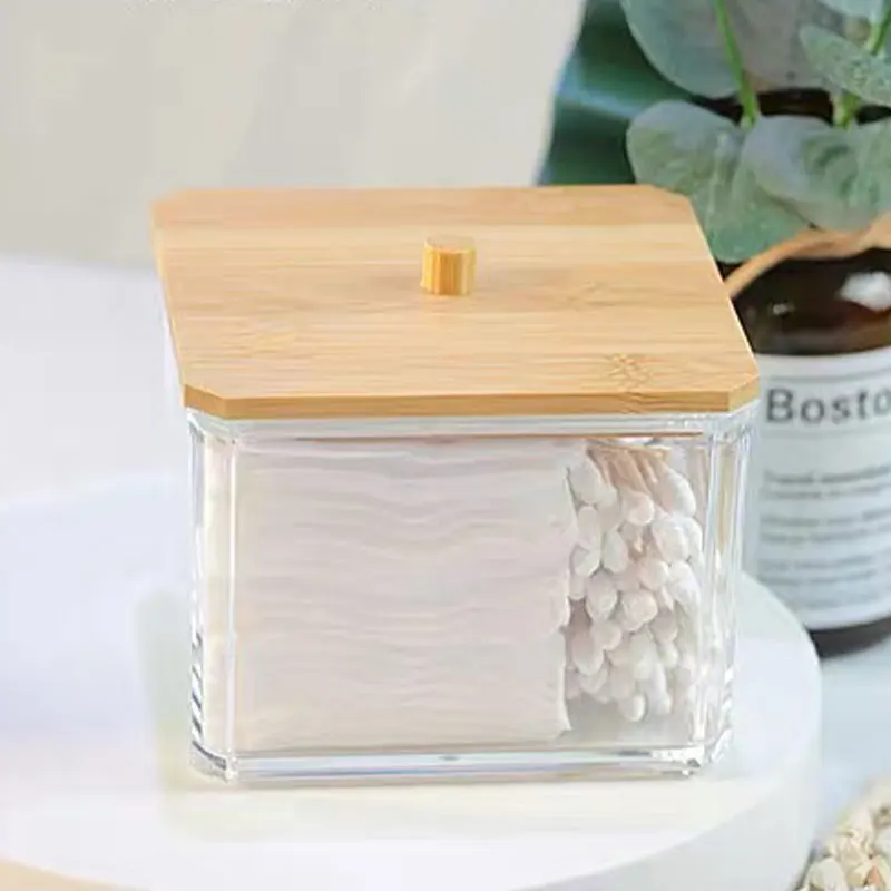 【Vendite calde】Scatola quadrata per tamponi di cotone Scatola portaoggetti in plastica per tamponi di cotone con copertura in bambù semplice per struccante