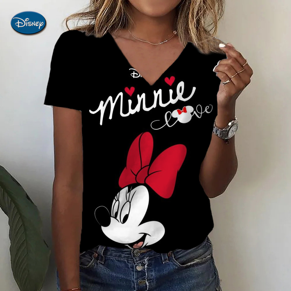 Camisetas con estampado 3D de Mickey Mouse de Disney para mujer, ropa informal de verano de manga corta con cuello en V, ropa de Hip Hop Harajuku Y2K