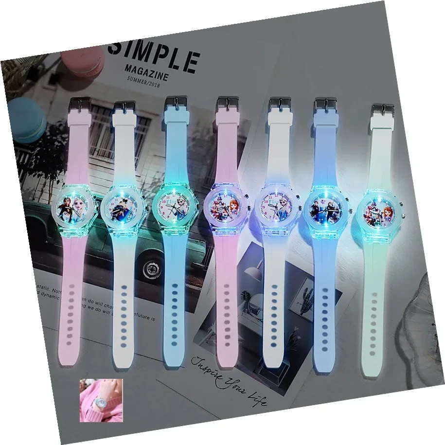 Disney-Frozen Princess Pattern relógio de pulso para crianças, LED brilhante, flash, couro, quartzo, brinquedos, presentes de Natal para crianças, moda