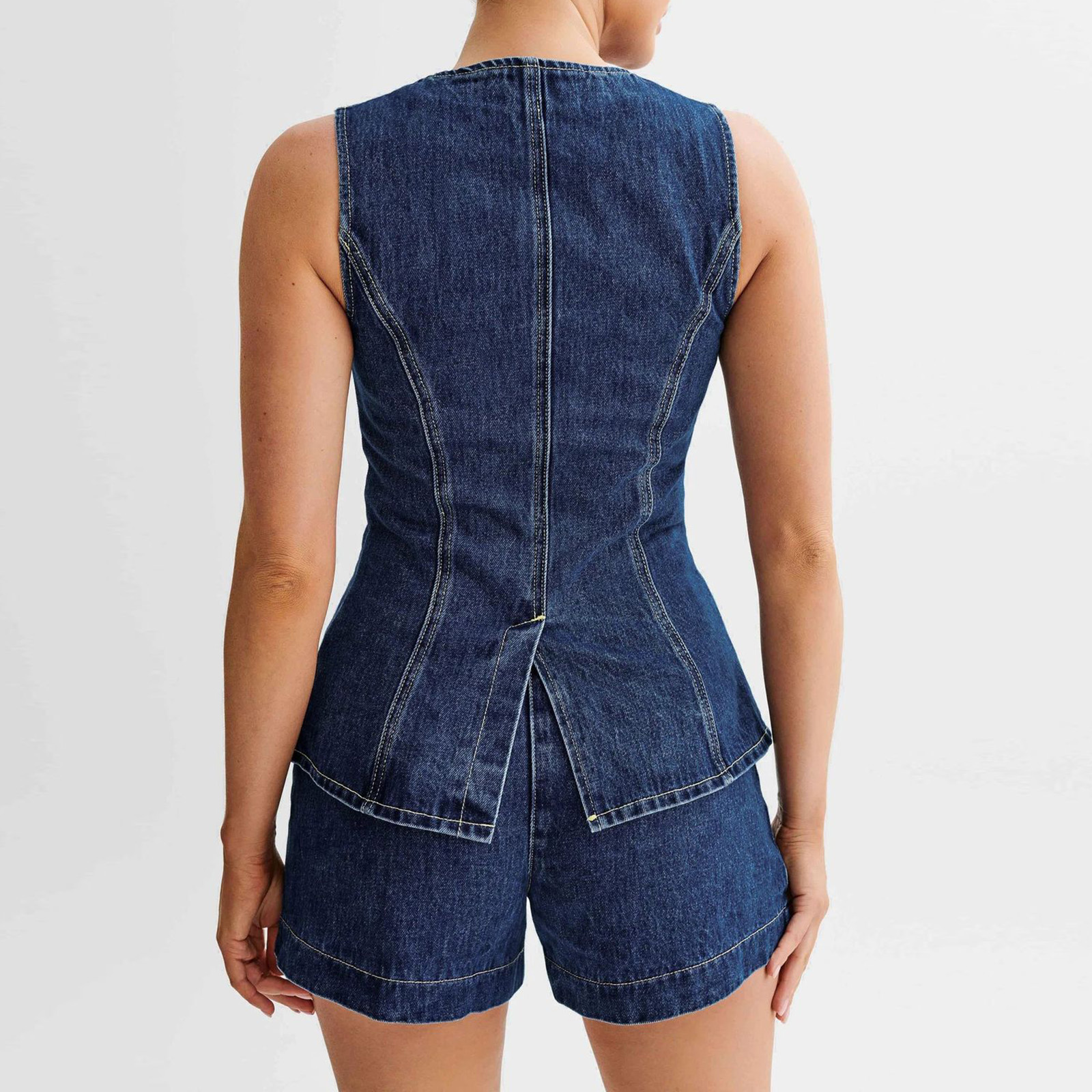 Combhasaki Damen Y2K Vintage Retro Denim Lange Weste Tops Button-up Rückenschlitz ärmellos mit Tasche Rundhalsausschnitt Slim Fit Weste