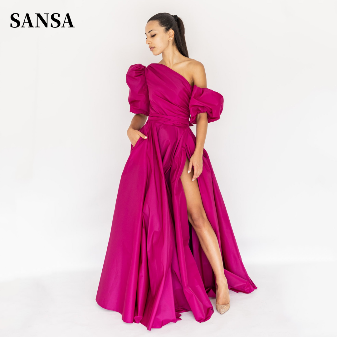 Sansa-A-line vestido de baile de manga inchado, tafetá, fúcsia elegante, divisão lateral, fenda, 2023