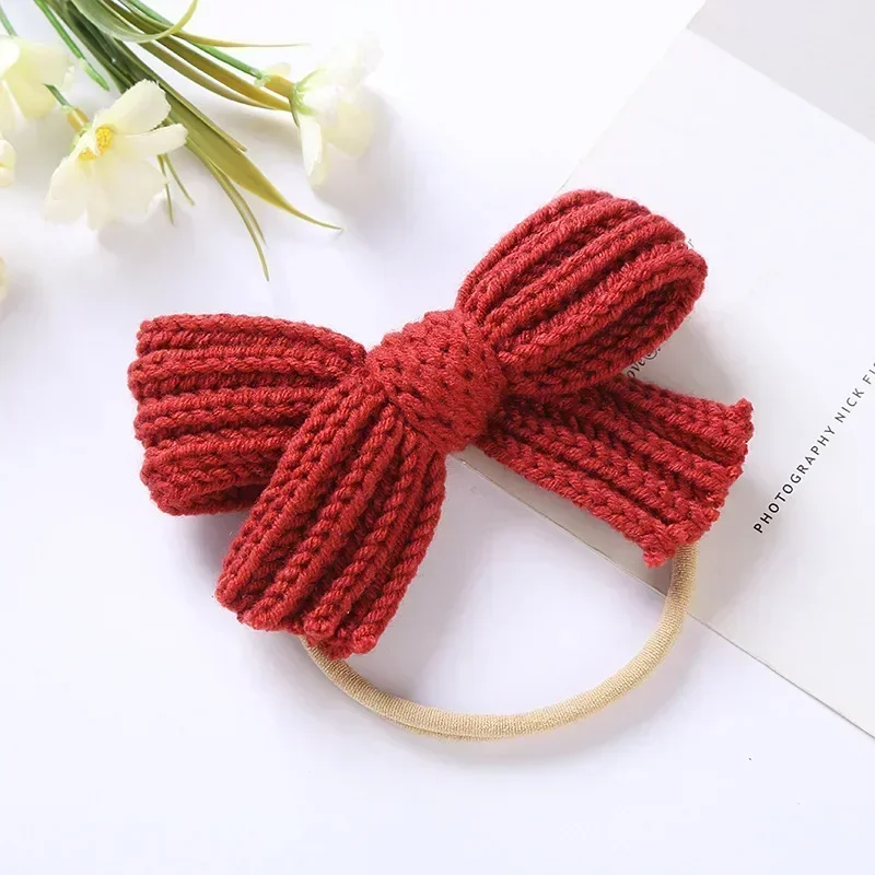 1 Uds. Diadema elástica con lazo de lana tejida bonita, diadema infantil de Color sólido con lazos de ganchillo, diadema de nailon, sombreros para niños, regalo de cumpleaños