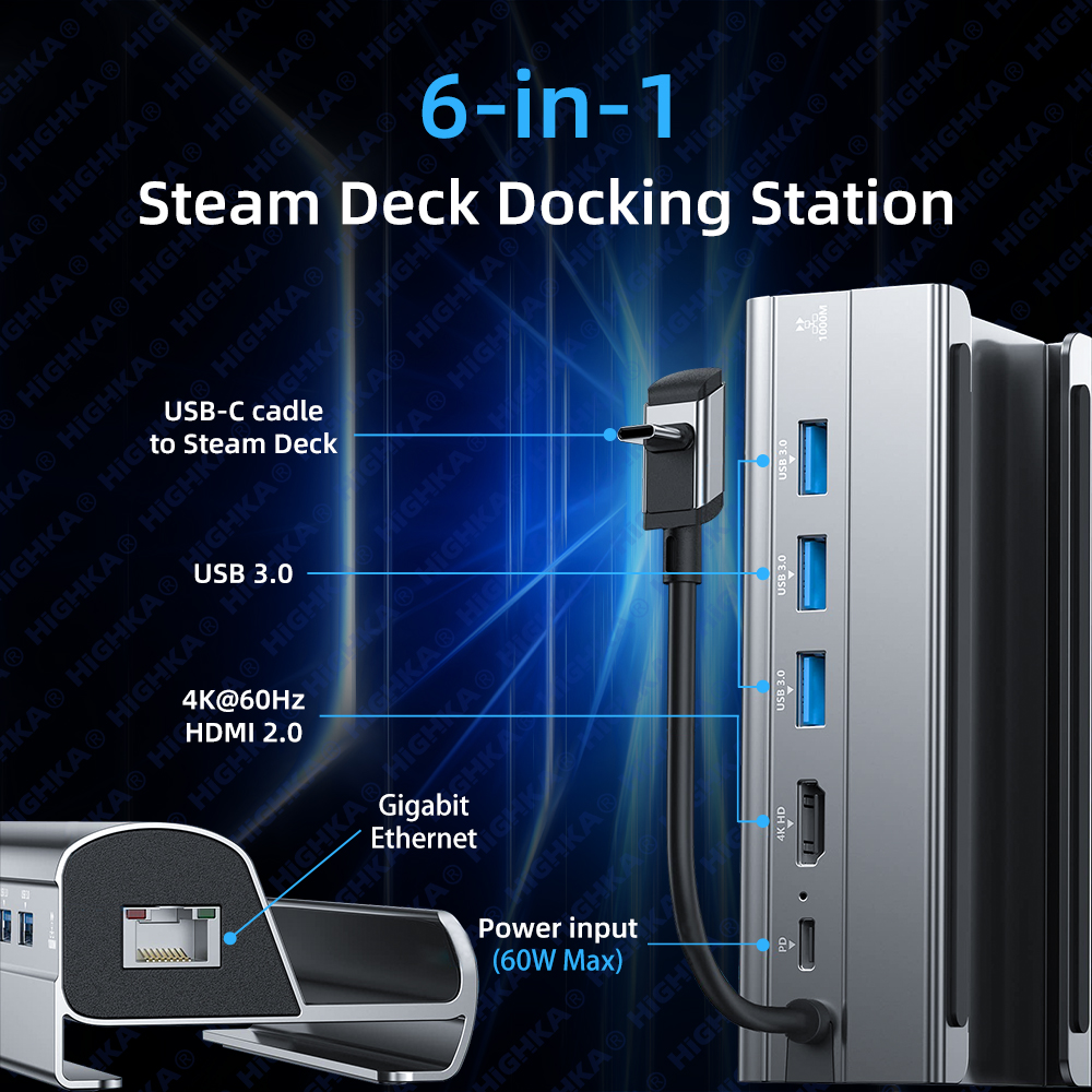 Steam Deck Dock 6 in 1 Steam Deck Rog Ally Docking Station Ständer Zubehör 3*USB 3.0 HDMI 4K@60Hz Gigabit Ethernet PD 60W Hub