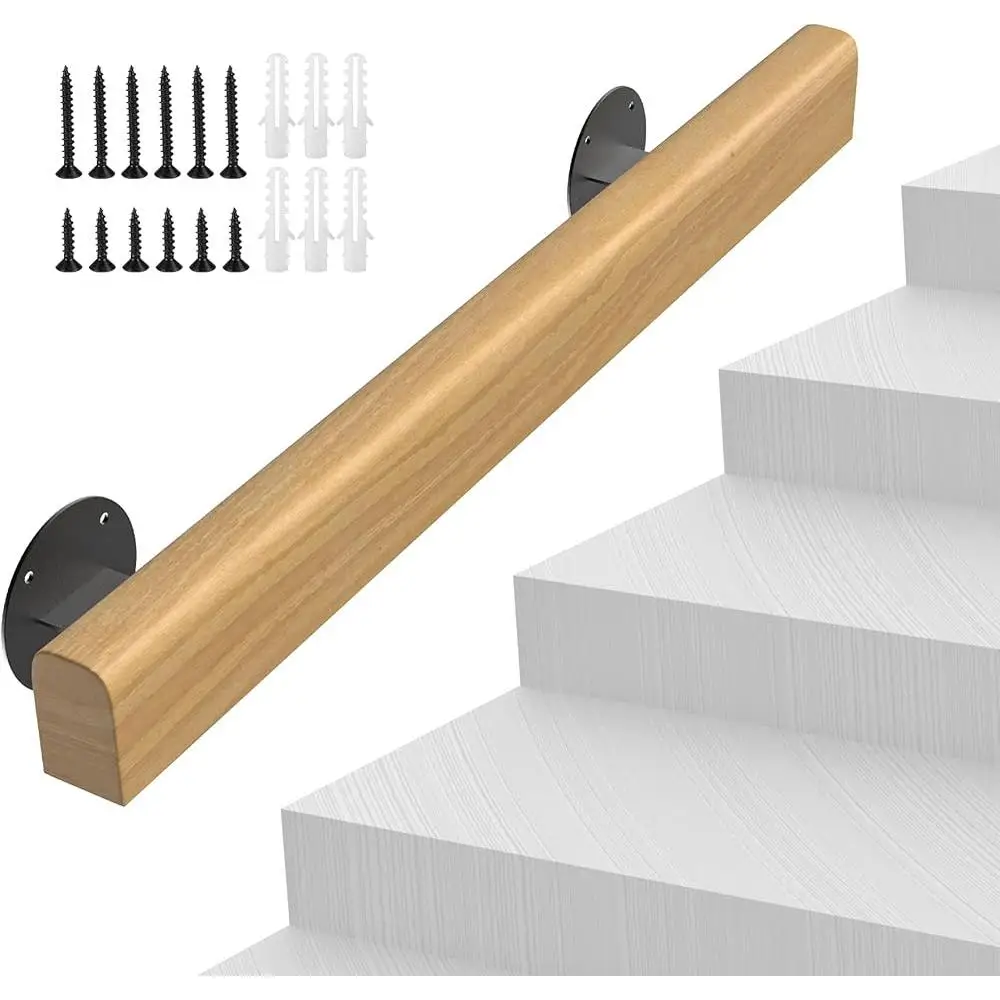 2FT Wooden Stair Handrail Non-Slip Sturdy Wall Mount Pine Support Indoor Outdoor Safety Handrails Easy Installation