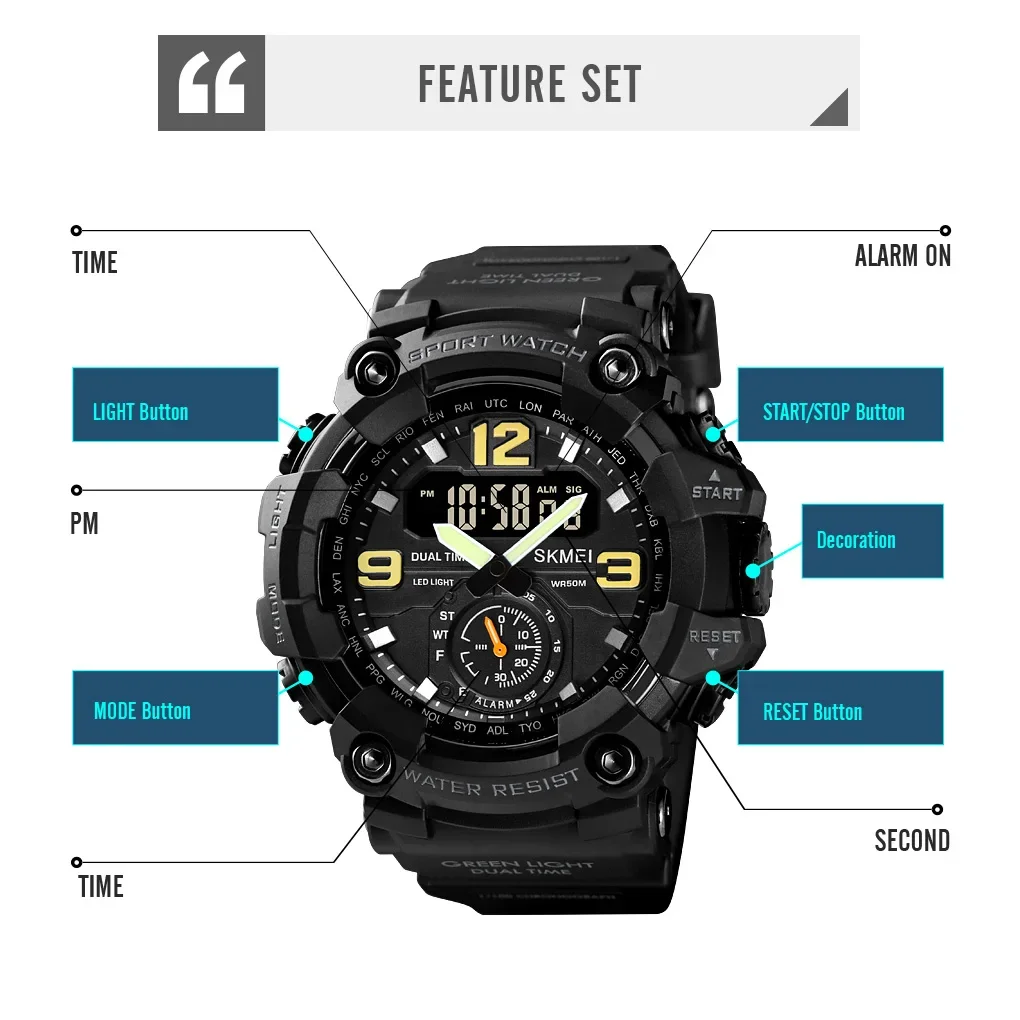 SKMEI 1637 Dual Movement 3-tijd sporthorloge Heren waterdichte elektronische horloges montre homme schokbestendig digitaal herenhorloge