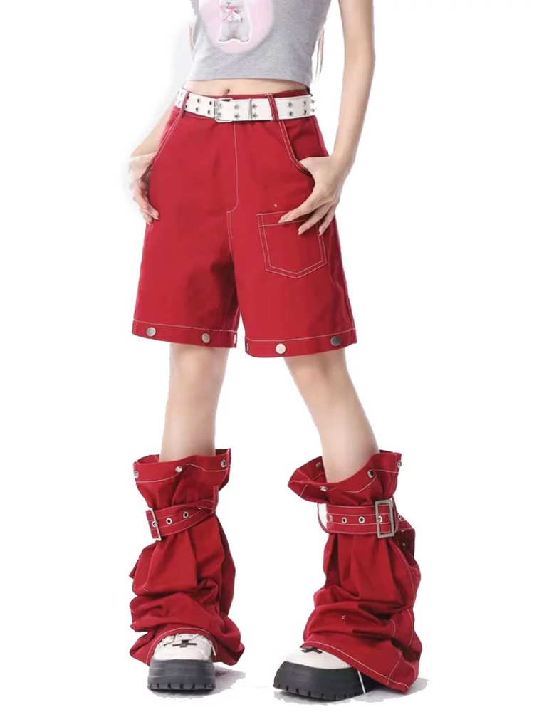 ADAgirl Rote Baggy-Cargohose für Damen, Y2k-Hip-Hop, Vintage-Gothic-Hippie, abnehmbare Jeanshose mit weitem Bein, Streetwear, lässige Hose