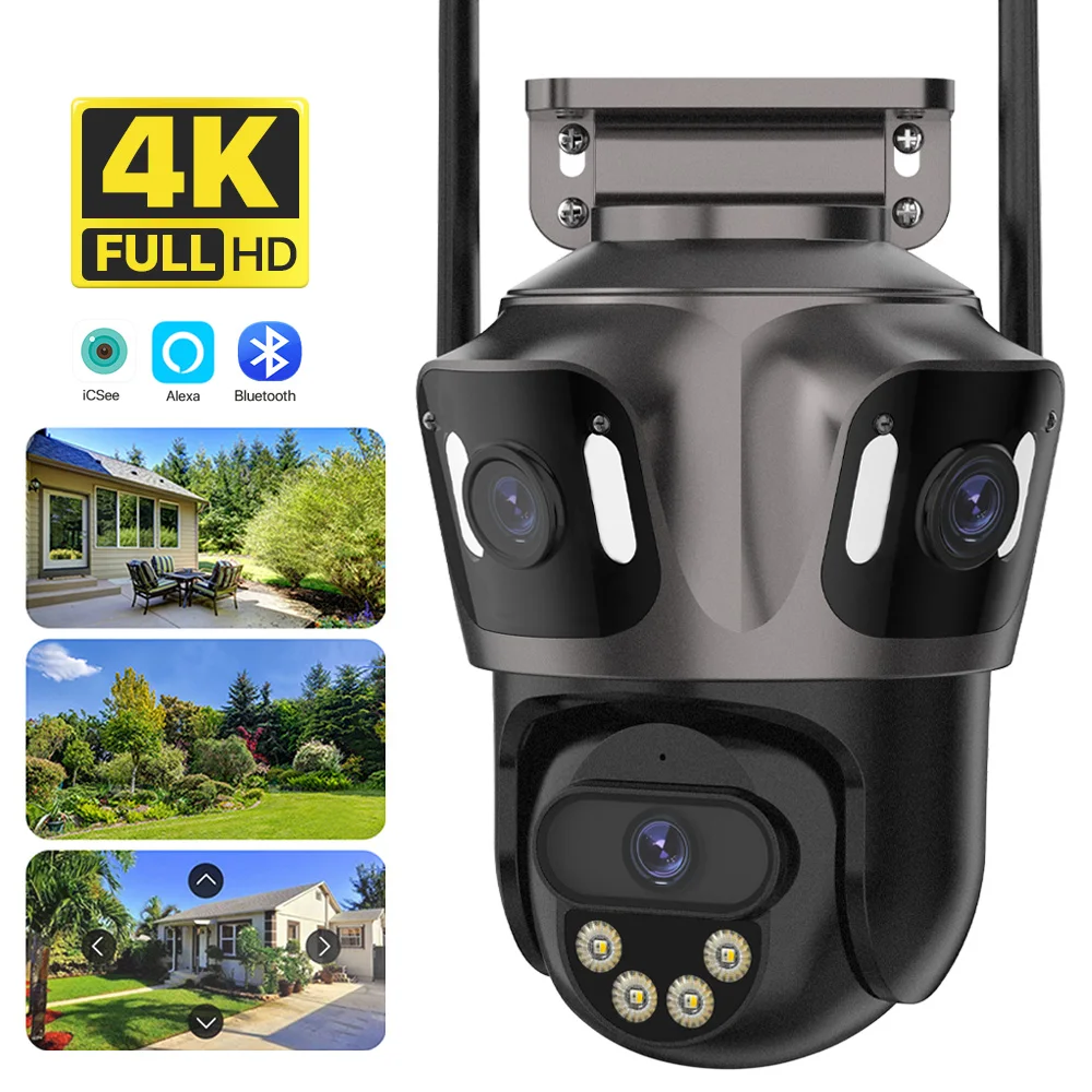 Telecamera IP WIFI 4K HD a tre obiettivi per esterni Telecamera PTZ a tre schermi Ai Rilevamento umano IP66 Video sorveglianza CCTV impermeabile iCsee