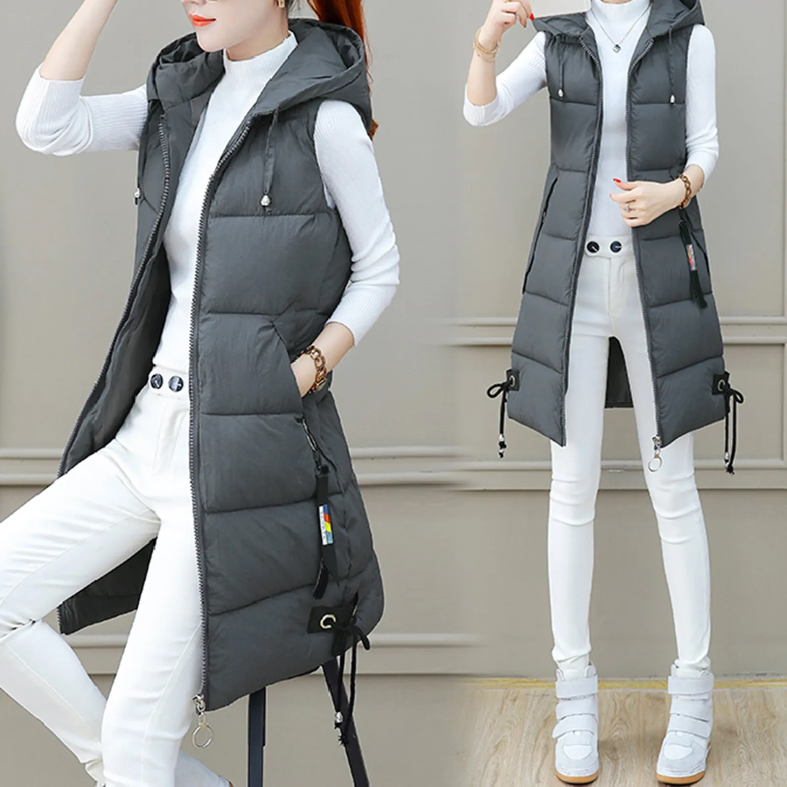 Colete sólido com capuz feminino com bolso com zíper, coletes soltos, jaqueta sem mangas, casaco longo, Casacos, Inverno, 2023