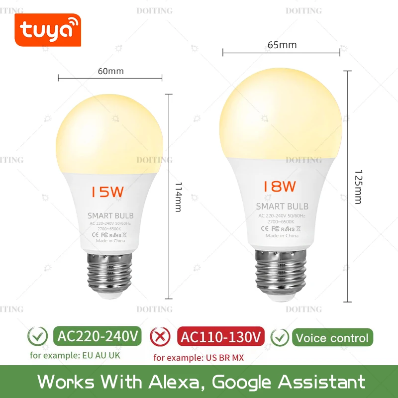 Smart Life Tuya WiFi E27 bombilla luces LED aplicación Control de voz regulable funciona con el asistente de Google Alexa 220V 2700-6500K