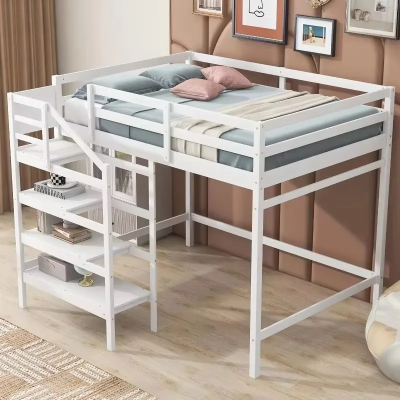 Full Size Loft Bed with Stairs and Hanging Rod, Wooden Full Loft Bed Frame with Storage Shelf (Full, White)