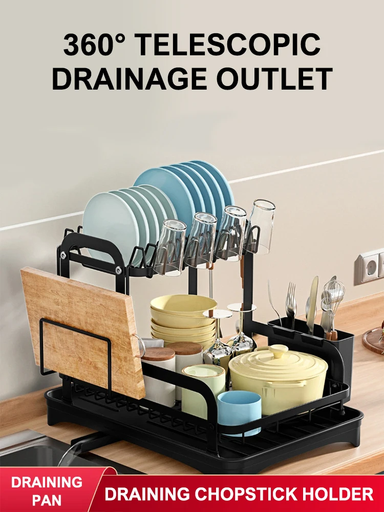 2 ชั้นจานชามDrainer Storage Rackห้องครัวจานDrying Rackพร้อมตะกร้าระบายน้ําเคาน์เตอร์อาหารเย็นOrganizer Drainboard