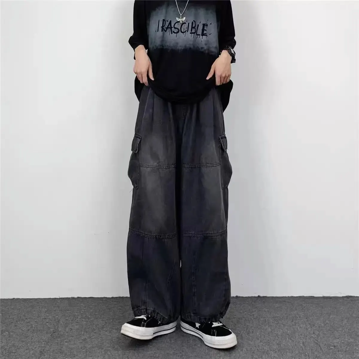 Macacão de bolso grande vintage de perna larga masculino, Y2K, neutro, solto, reto, casual, rua alta, hip hop, primavera e outono
