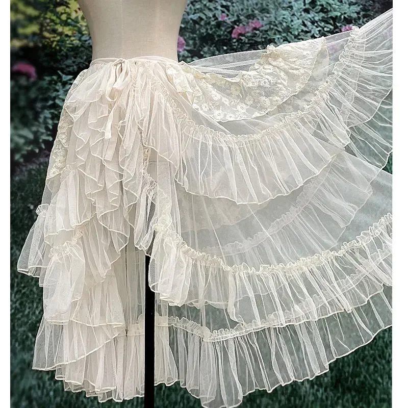 Gonna alta bassa con copertura trasparente per tende in vita Lolita a doppio strato con volant asimmetrico