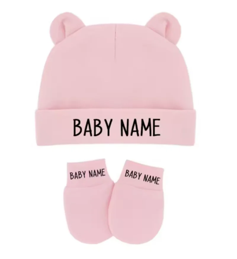 Gorro personalizado para bebê recém-nascido, chapéu e luvas com nome do bebê, com orelhas, algodão elástico, meninos, meninas, chapéu quente, luvas, presente de chuveiro