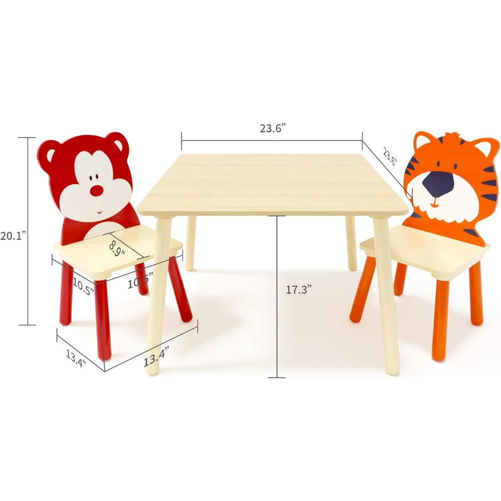 Kids Table and Chair Set, Wooden Toddler Table Set with 2 Chairs, Children Adorably Animal Activity Table for Reading, Drawing