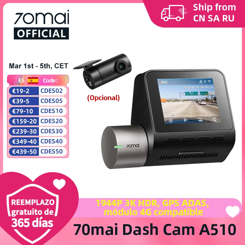 2024 nueva cámara de salpicadero 70mai A510 1944P HDR GPS ADAS 4G conectividad 70mai 4G cámara frontal A510 coche DVR 24H soporte de estacionamiento cámara trasera