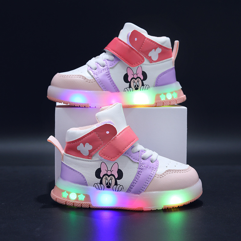 Disney crianças tênis meninos meninas mickey led luz esporte sapatos estudante gancho anti-deslizamento crianças sapatos ao ar livre cesta