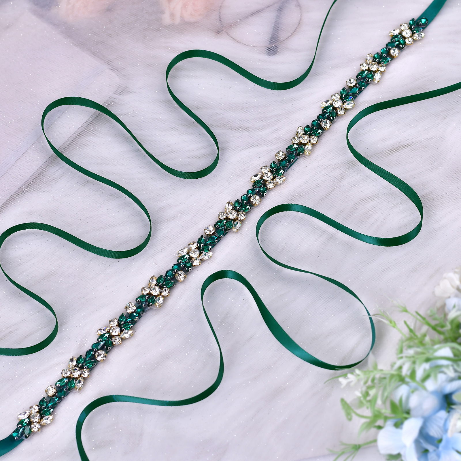 Bruidssjerp Groene Roos Strass Bruiloft Riem, Bruidsjurk Decoratie Prachtig Accessoire voor Dames Bruiloft Dag S437