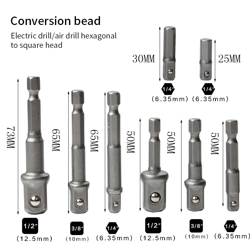 Drill Socket Adapter Kit Impact Drill Extension Bit Socket Adapter Kit 1/4'' 3/8'' 1/2'' Square Head 1/4'' Hex Shank Drill Tools