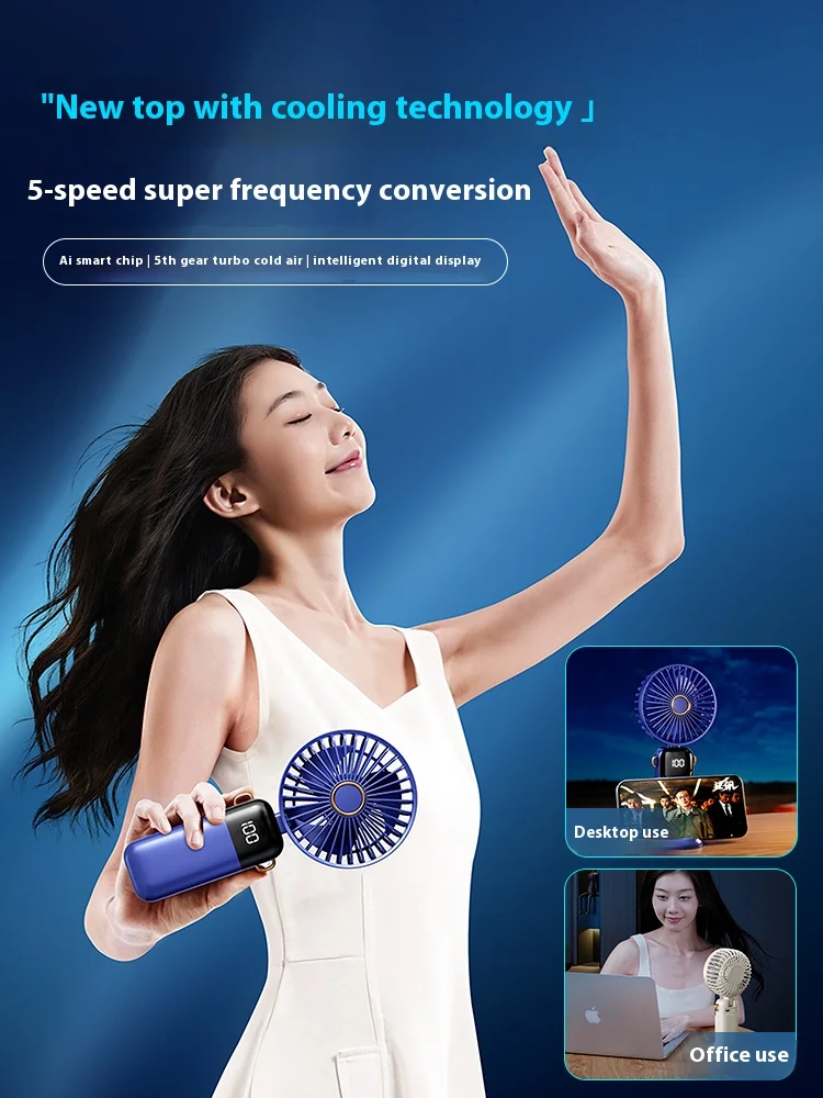 Mini ventilador portátil USB, Pendurado com pescoço portátil dobrável, 5 velocidades, Ventilador recarregável USB com suporte de telefone e tela de exibição