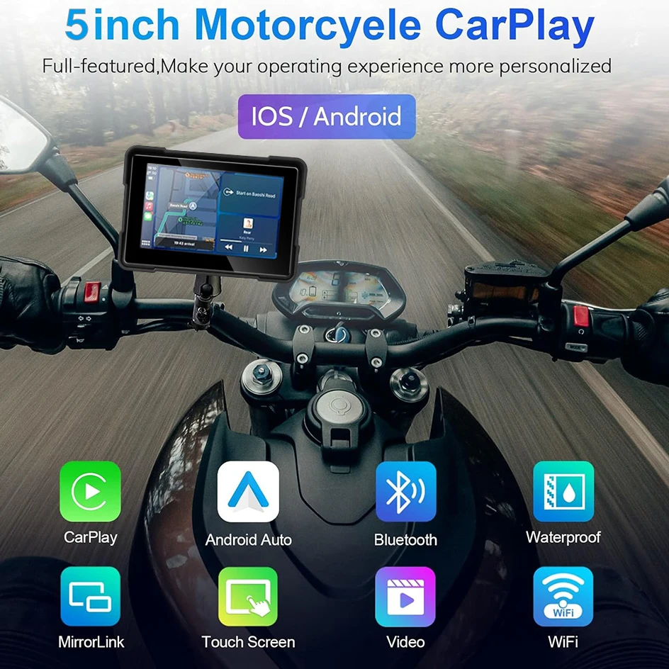 Jansite 5 "Carplay para motocicleta Radio Monitor pantalla táctil inalámbrico Android auto impermeable Moto Player Bluetooth Mirror-link