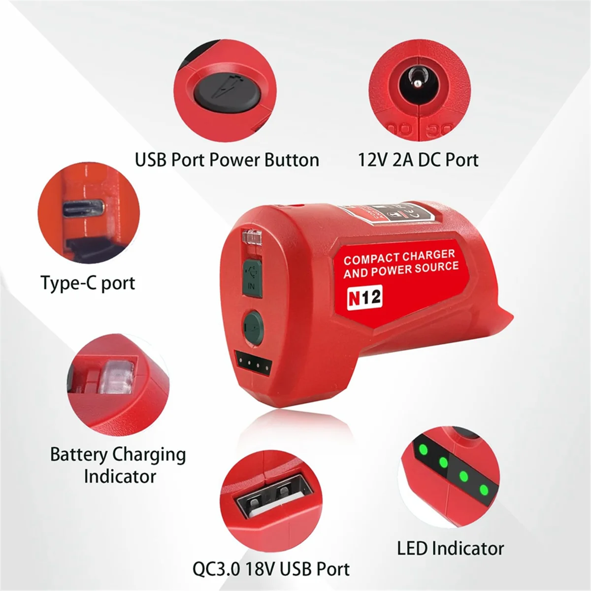 Better Quality N12 Battery Power Source Adapter for Milwaukee 12V M12 Battery Power Wheel Charger Adapter with 12V DC Port USB2.
