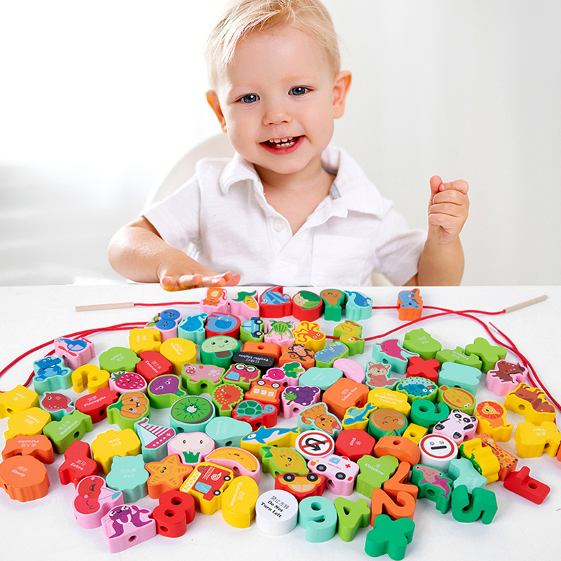 9/36 pçs brinquedos de madeira do bebê brinquedo diy dos desenhos animados frutas animal amarrando rosqueamento contas de madeira brinquedo monterssori educacional para crianças