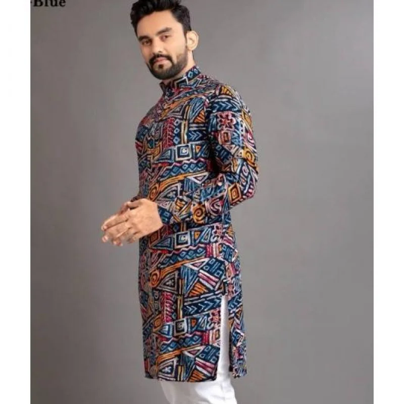 Masculino digital impresso kurta vardha regular ajuste gola mandarim longo adequado para todas as ocasiões como casamento hari raya aidilfitri