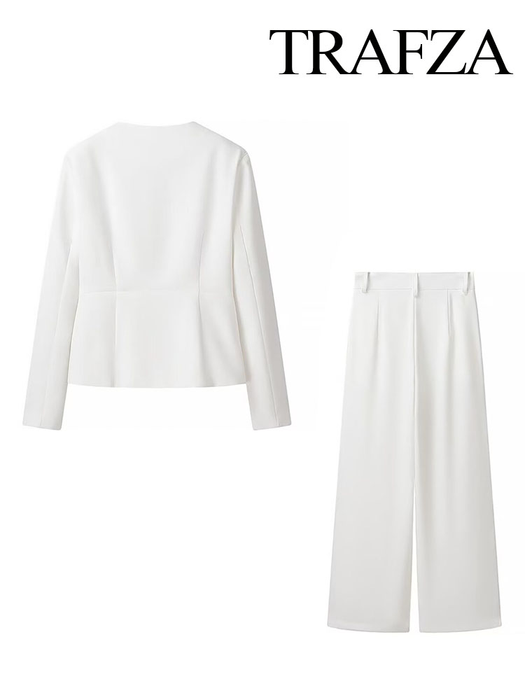 TRAFZA Damen 2-teiliges Set mit V-Ausschnitt, einreihig, langen Ärmeln, Blazer, Mantel + modische Hose mit hoher Taille und Seitentaschen
