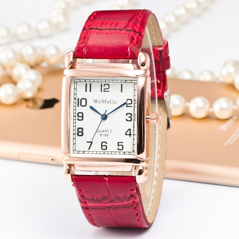 Mode Dameshorloges Luxe Metaal Rose Goud Vierkant Dames Quartz Horloge Rechthoek Rood Leer Vrouwelijke Klok