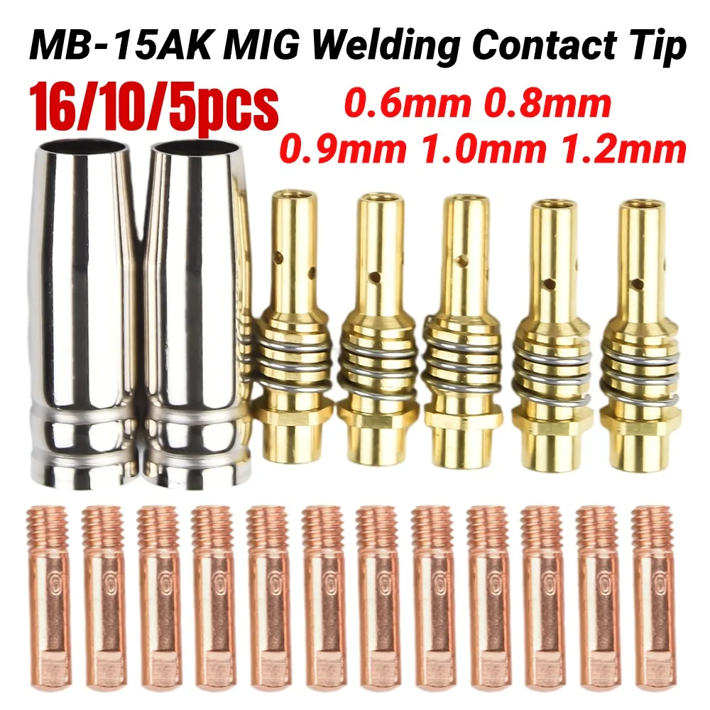 Punta de contacto de soldadura MIG MB15-15AK, 16/10/5 unidades, 0,6mm, 0,8mm, 0,9mm, 1,0mm, 1,2mm, boquilla protectora para soldadura Rilon Riland Jasic