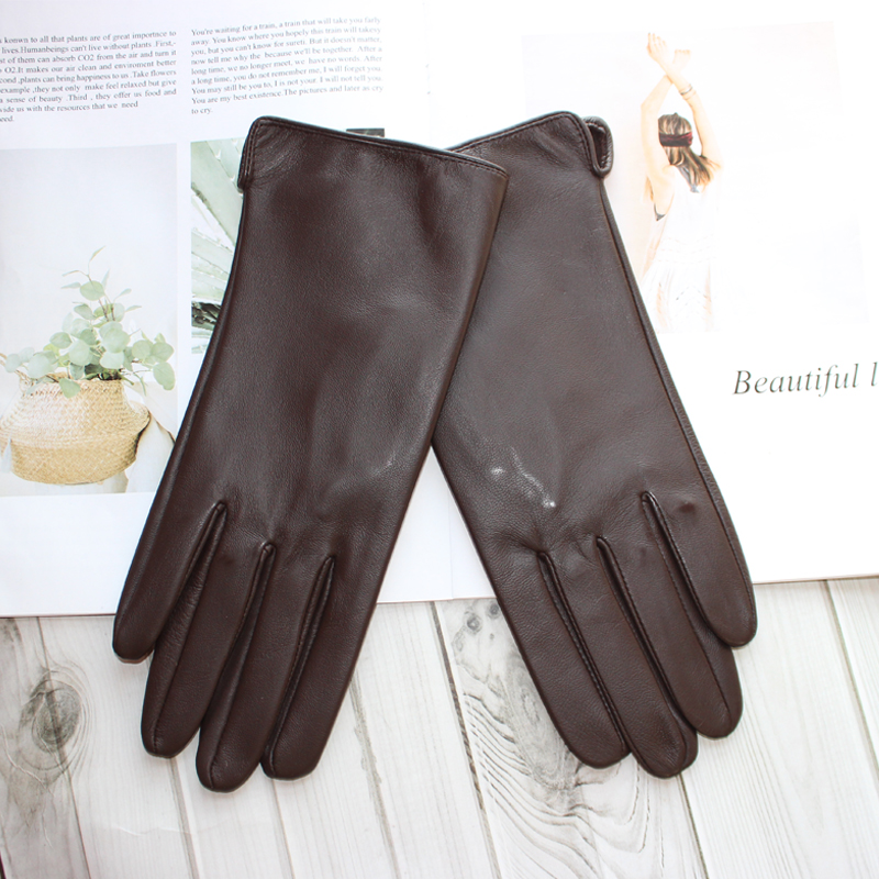 ใหม่สุภาพสตรี Sheepskin Touch Screen ถุงมือหนังเดี่ยวบาง Unlined คลาสสิกสีทึบอเนกประสงค์ตรงถุงมือขับรถ