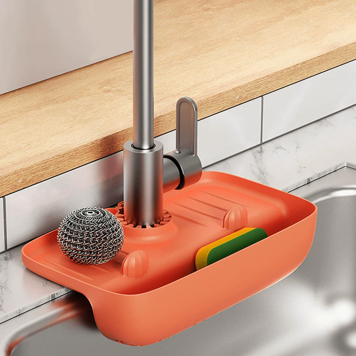 Rack de drenagem de pia de silicone, torneira doméstica à prova de respingos, almofada de coleta de água, pano de esponja, caixa de armazenamento de dispositivos de lã de aço