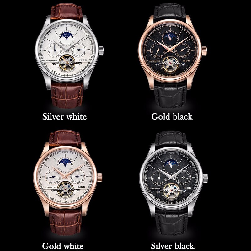 Lige นาฬิกาผู้ชายอัตโนมัตินาฬิกา Tourbillon หนังแท้กันน้ำนาฬิกาข้อมือทหารผู้ชาย