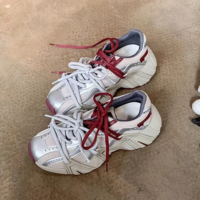 Jozhamta-女性用の通気性メッシュスニーカー、厚いヒール、プラットフォームシューズ、カジュアルテニスシューズ、春、ヴィンテージデイリーシューズ、サイズ35-40、2025