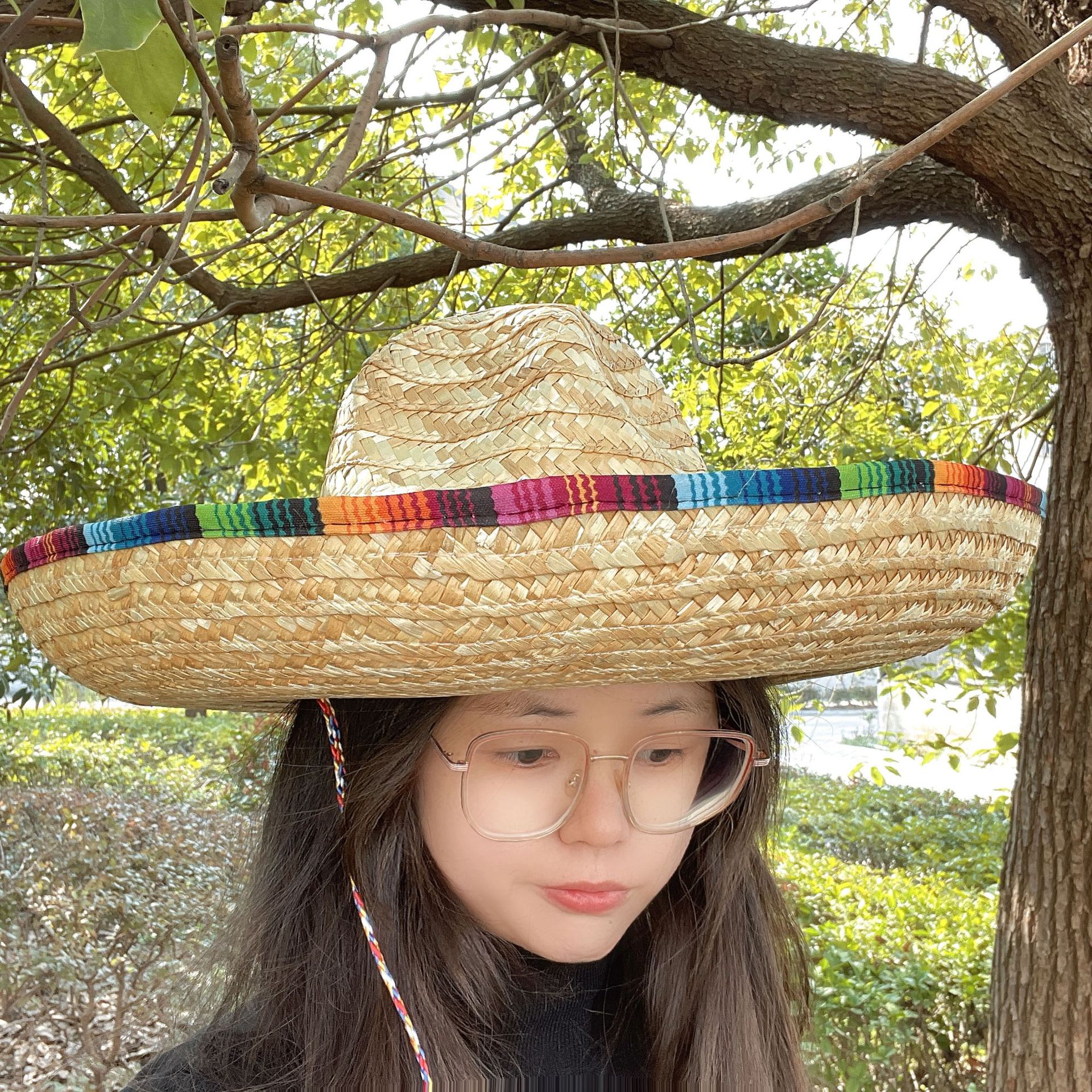 Adult Mexican Straw Hat Carnival Party Halloween Performance Prom Costume Furniture White Pom Pom Straw Hat