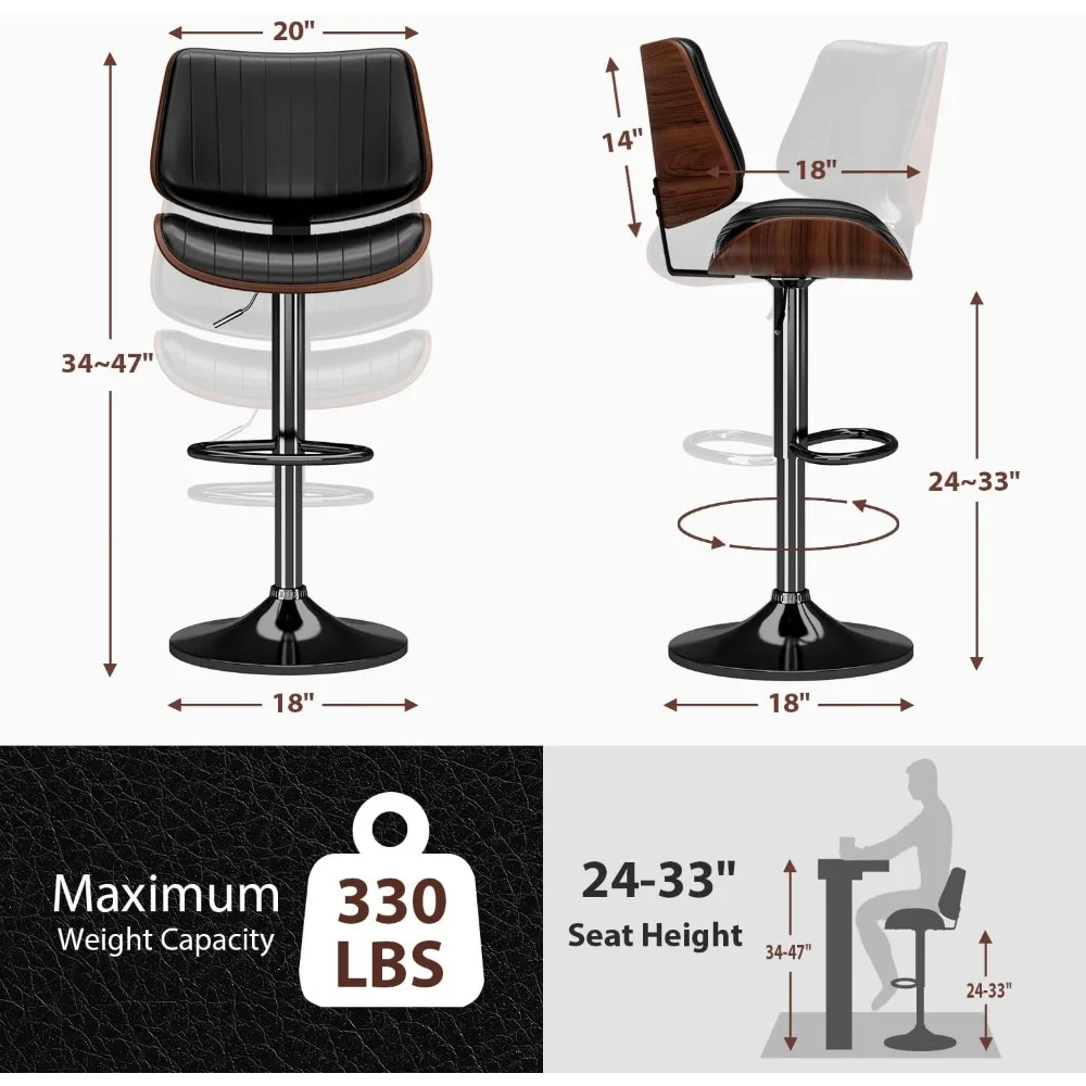 Swivel Bar Stools Set of 4, Adjustable Bentwood Barstools for Kitchen Counter, Modern PU Leather Upholstered Bar Chair